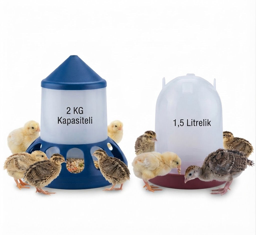 Kanatlı Hayvanlar İçin 2 Kg Yemlik ve 1,5 Lt Suluk Başlangıç Seti (Civciv, Bıldırcın, Hindi)
